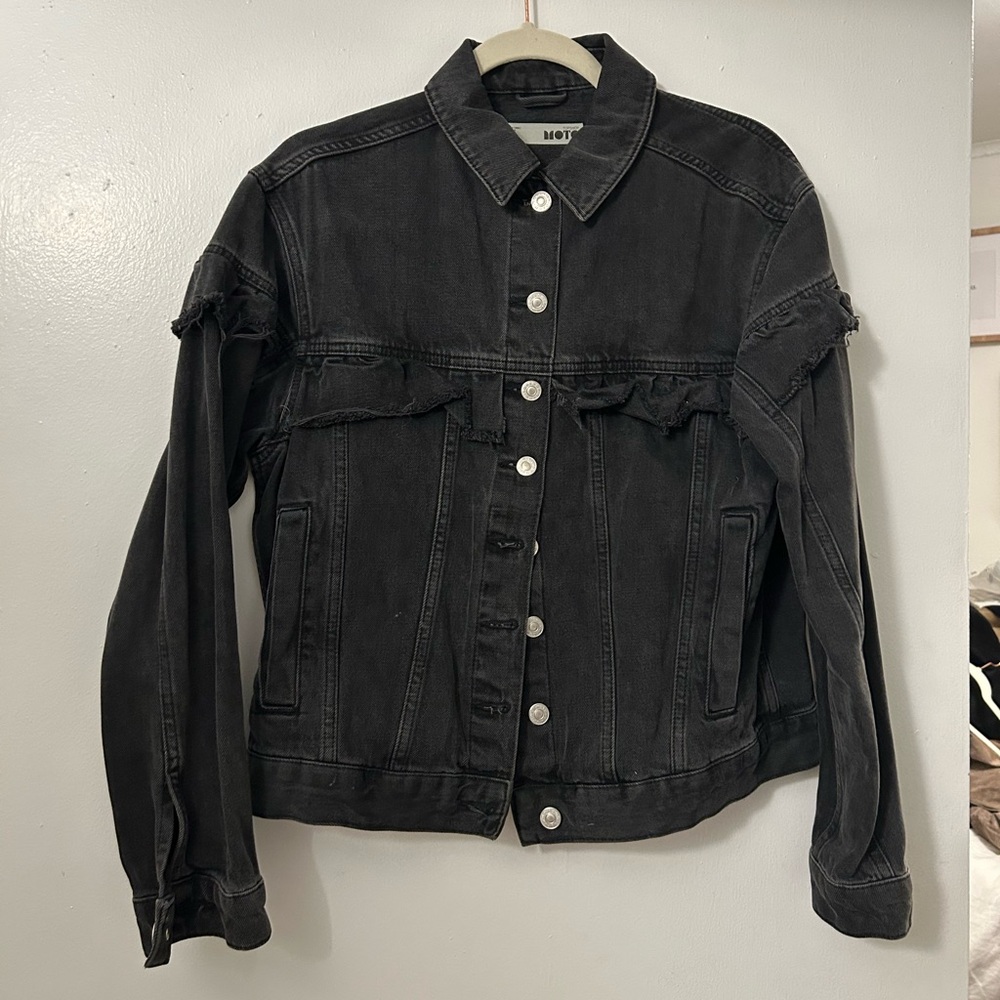 TOPSHOP Black Ruffle Denim Moto Jacket - Picture 2 of 4